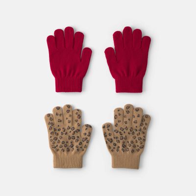 Girls 2-Pack Leopard Winter Gloves - Red/Brown