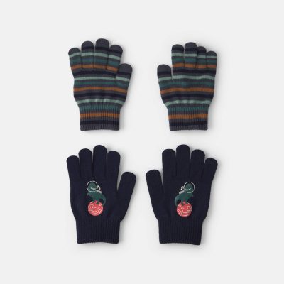 Boys 2-Pack Astronaut Dinosaur Striped Mittens - Black/Blue