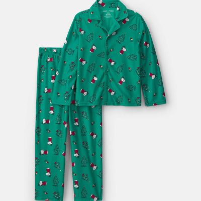 Kids 2-Piece Snoopy Christmas Fleece Loose Fit Pajama Set - Green