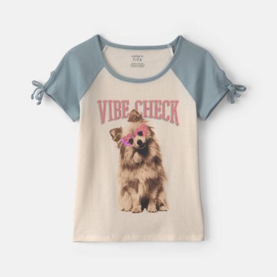 Girls 'Vibe Check' Dog Graphic Tee - Cream/Blue