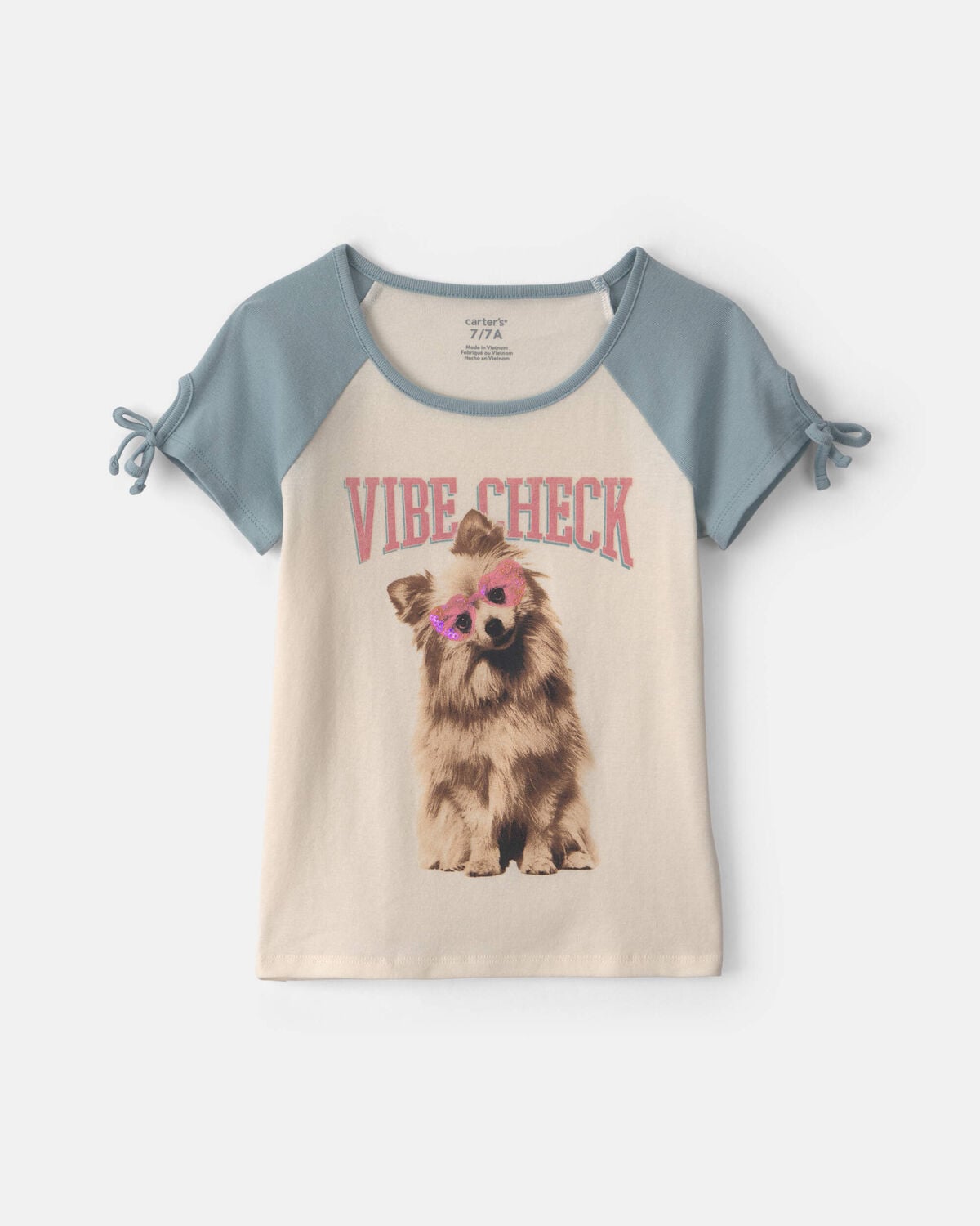 Girls 'Vibe Check' Dog Graphic Tee - Cream/Blue