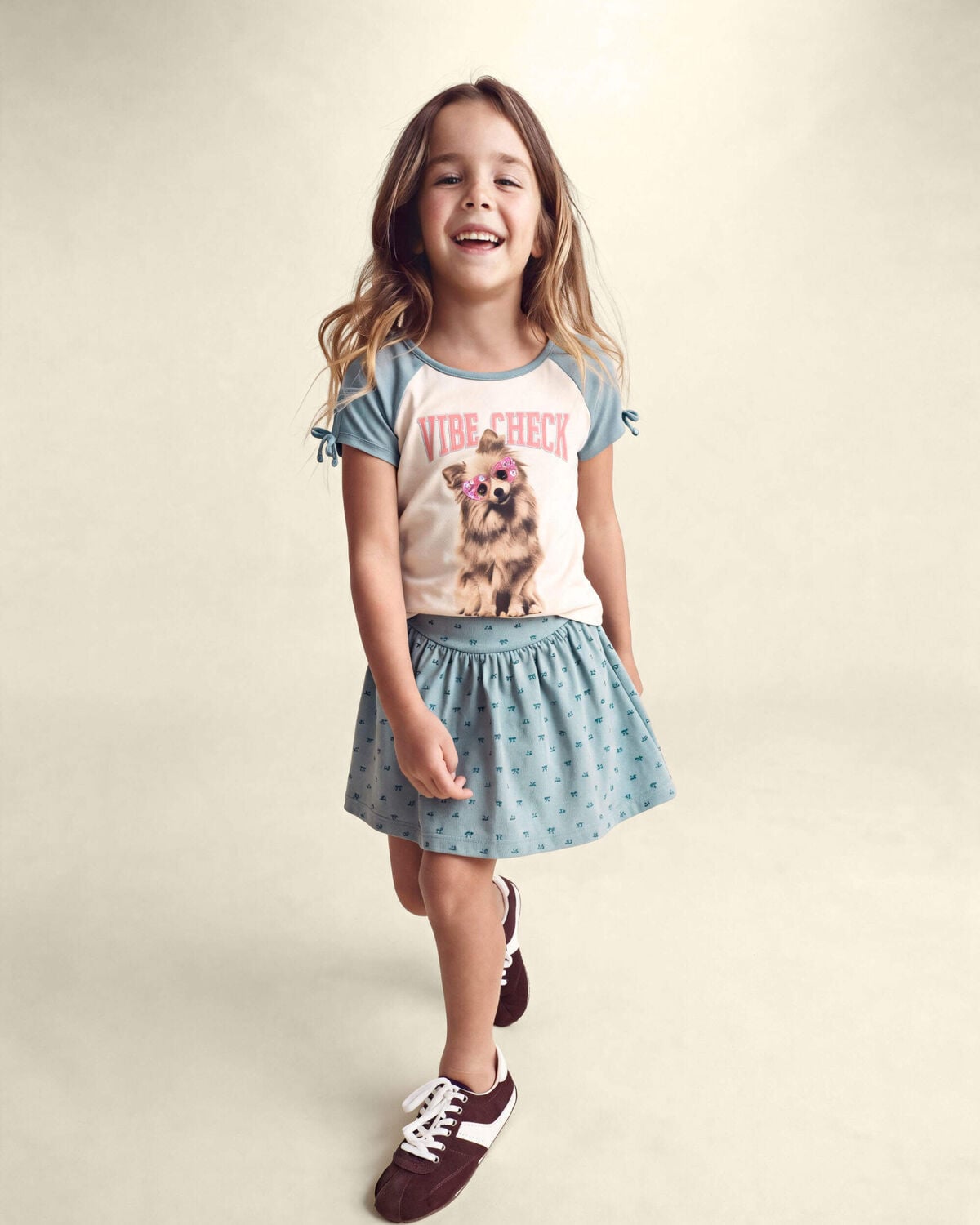 Girls 'Vibe Check' Dog Graphic Tee - Cream/Blue - Image 4
