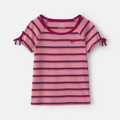 Girls Bow Striped Top - Pink