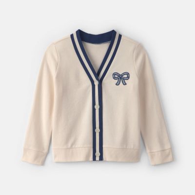 Girls Bow French Terry Cardigan Sweater - Cream
