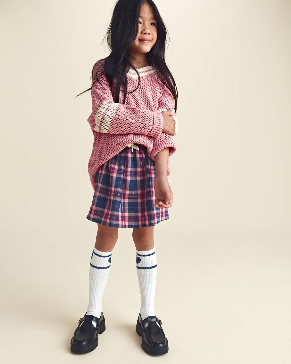 Girls Plaid Cotton Skort - Navy Blue/Pink - Image 2
