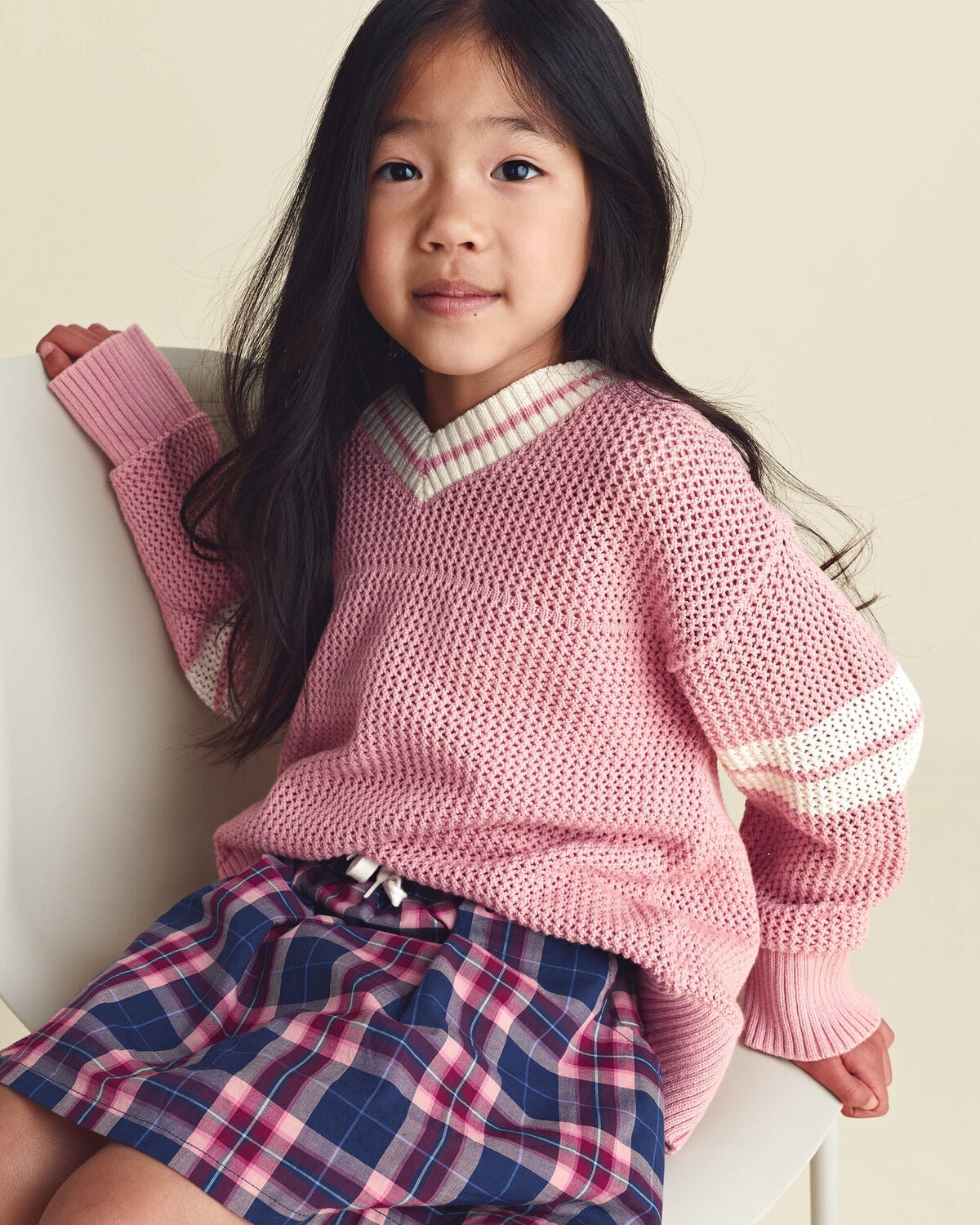 Girls Plaid Cotton Skort - Navy Blue/Pink - Image 3