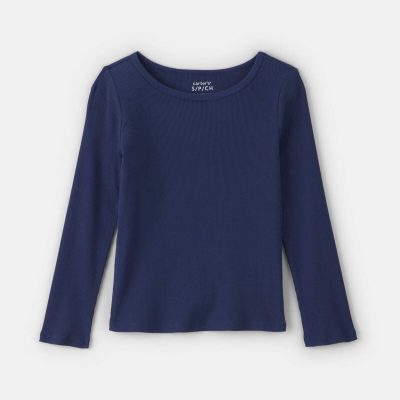 Girls Long-Sleeve Ribbed Top - Navy Blue
