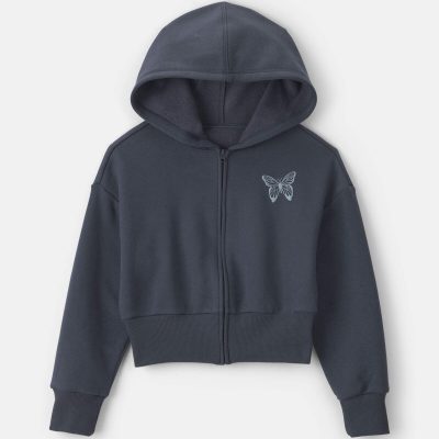 Girls 'Butterfly' Fleece Zip-Up Hoodie - Navy Blue