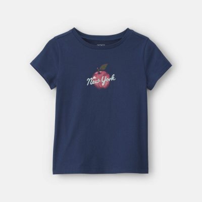Girls 'New York' Apple Graphic Tee - Navy Blue