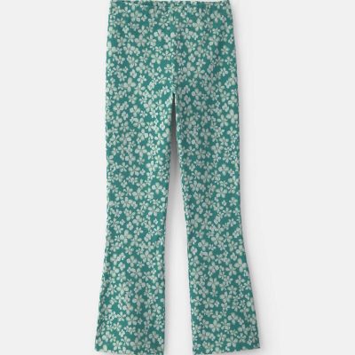 Girls Floral Cotton Pull-On Stretch Flare Leggings - Green