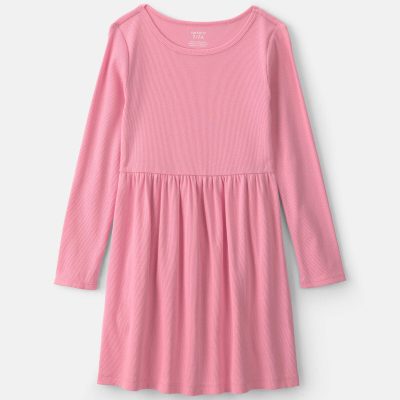 Girls Rib Long-Sleeve Dress - Pink
