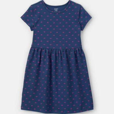 Girls Bow Short-Sleeve Dress - Navy Blue