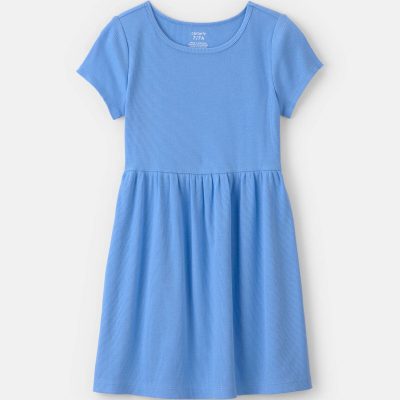 Girls Rib Short-Sleeve Dress - Blue