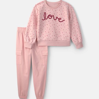 Girls 2-Piece 'Love' Fleece Pullover & Pant Set - Pink