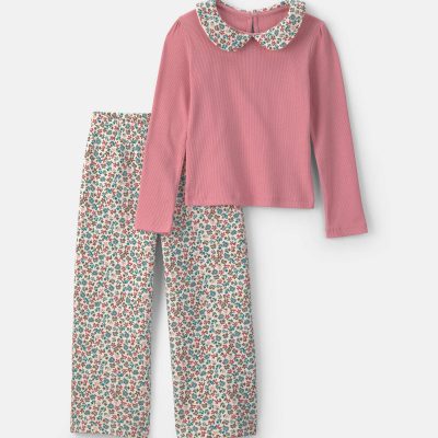 Girls 2-Piece Floral Fleece Long-Sleeve Top & Pant Set - Pink
