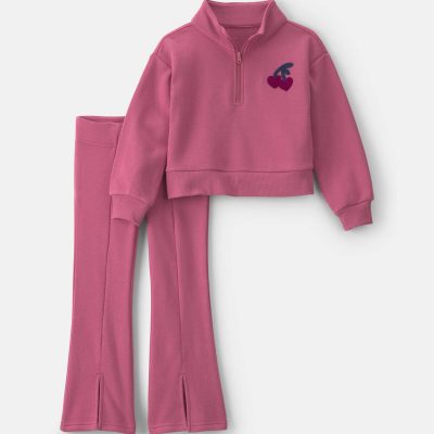 Girls 2-Piece Cherry Fleece Quarter Zip & Pant Set - Pink
