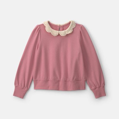 Girls Floral Collar French Terry Pullover Sweatshirt - Pink
