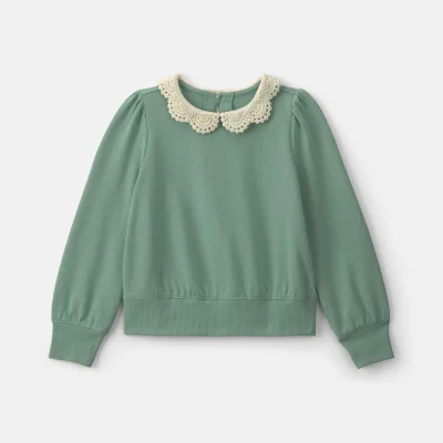 Girls Floral Collar French Terry Pullover Sweatshirt - Green
