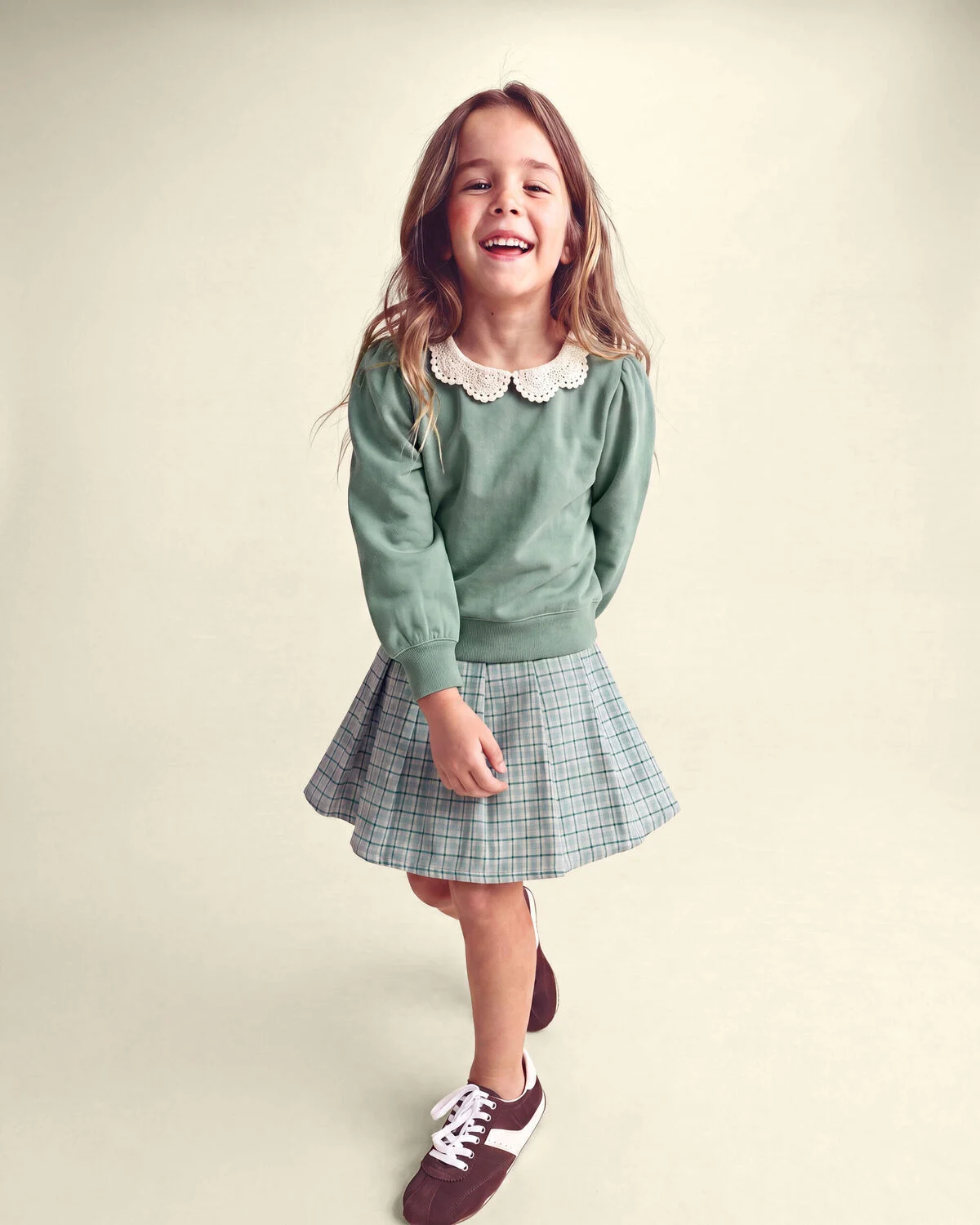 Girls Floral Collar French Terry Pullover Sweatshirt - Green - Image 3