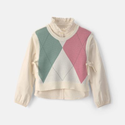 Girls 2-Piece Plaid Sweater Vest Top Set - Cream