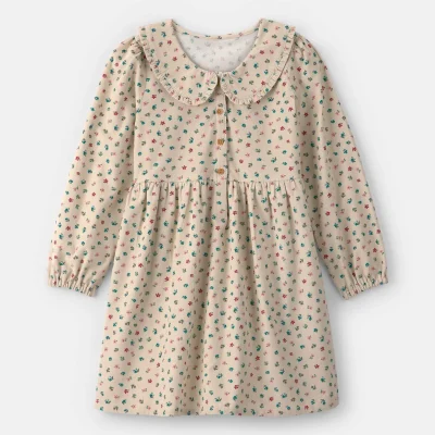 Girls Floral Collared Corduroy Dress - Cream