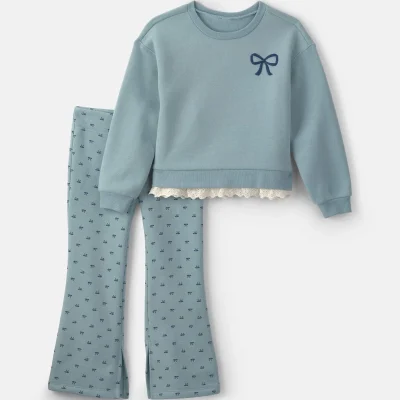 Girls 2-Piece Bow Fleece Pullover & Pant Set - Blue
