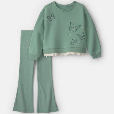 Girls 2-Piece Butterfly Fleece Long-Sleeve Top & Pant Set - Green
