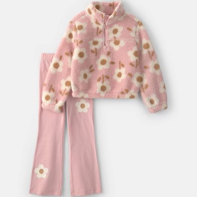 Girls 2-Piece Floral Teddy Fleece Layering Set - Pink