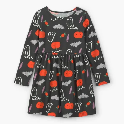 Girls Halloween Long-Sleeve Dress - Black/Orange