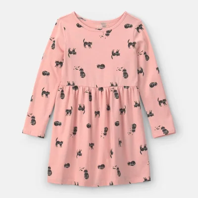 Girls Halloween Cat Long-Sleeve Dress - Pink