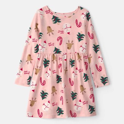 Girls Christmas Long-Sleeve Dress - Pink