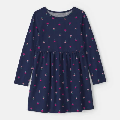 Girls Floral Long-Sleeve Dress - Navy Blue