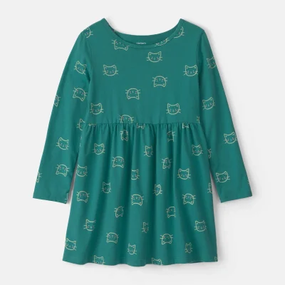Girls Cat Long-Sleeve Dress - Green