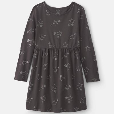 Girls Stars Long-Sleeve Dress - Grey