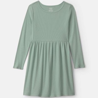 Girls Rib Long-Sleeve Dress - Green