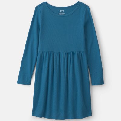 Girls Rib Long-Sleeve Dress - Blue