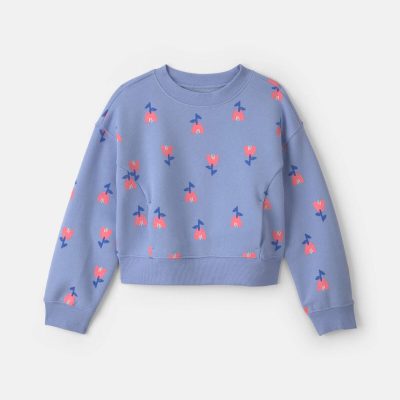 Girls Floral Fleece Pullover Sweatshirt - Blue/Pink