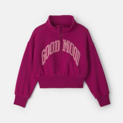 Girls 'Good Mood' Fleece Pullover Sweatshirt - Burgundy