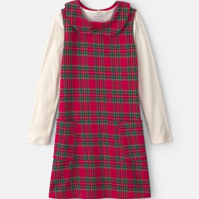 Girls 2-Piece Plaid Dress Set - Red/Cream