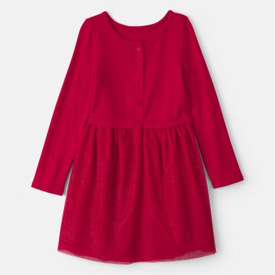 Girls Tulle Long-Sleeve Dress - Red