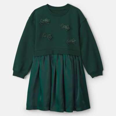 Girls Bow Layered Fleece Dress - Green