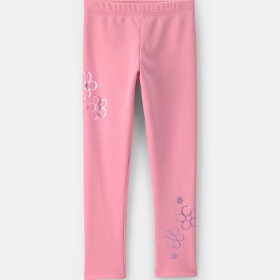 Girls Floral Fleece Pull-On Stretch Leggings - Pink