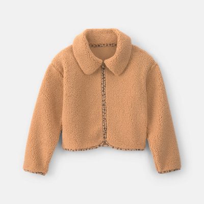 Girls Leopard Teddy Fleece Coat - Brown