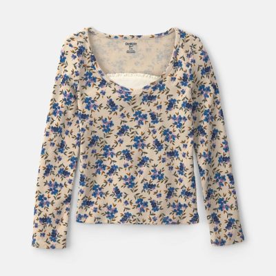 Girls Floral Long-Sleeve Top - Blue/Cream