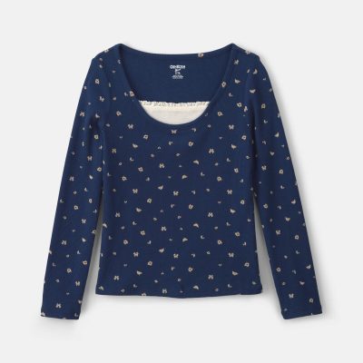 Girls Floral Long-Sleeve Top - Navy Blue