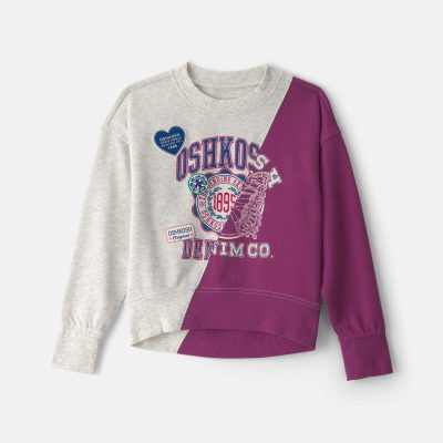 Girls 'Oshkosh Denim Co' French Terry Pullover Sweatshirt - Grey/Purple