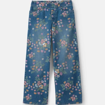Girls Floral Denim Wide-Leg Jeans - Medium Wash