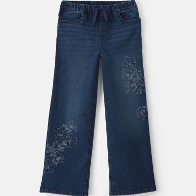 Girls Floral Denim Wide-Leg Jeans - Dark Wash