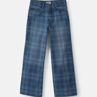 Girls Plaid Denim Wide-Leg Jeans - Medium Wash