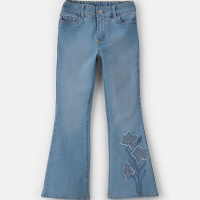 Girls Floral Denim Flare Jeans - Light Wash